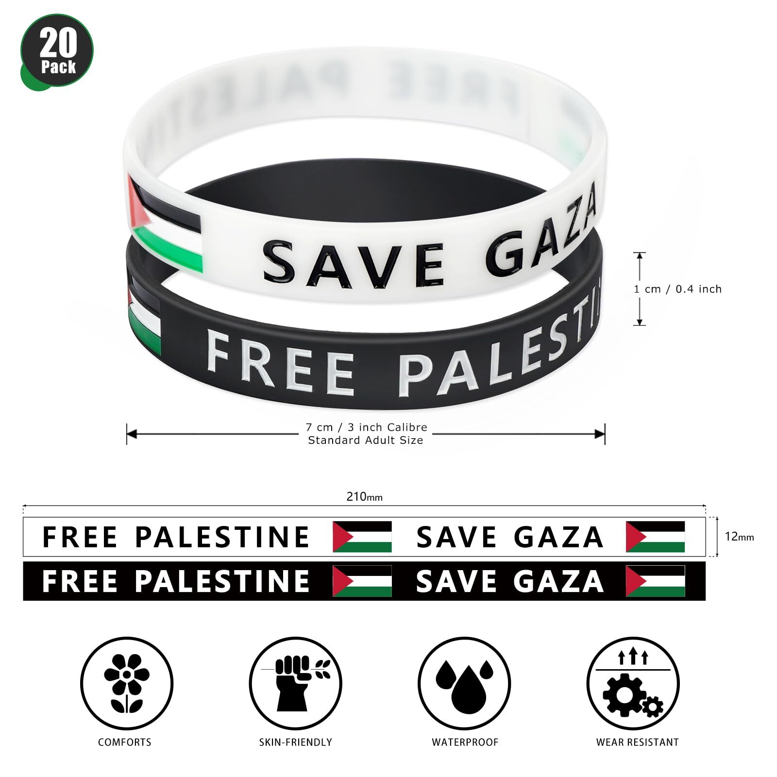 20 Pcs Free Palestine Bracelet Silicone Palestine Flag Wristbands for Men Women