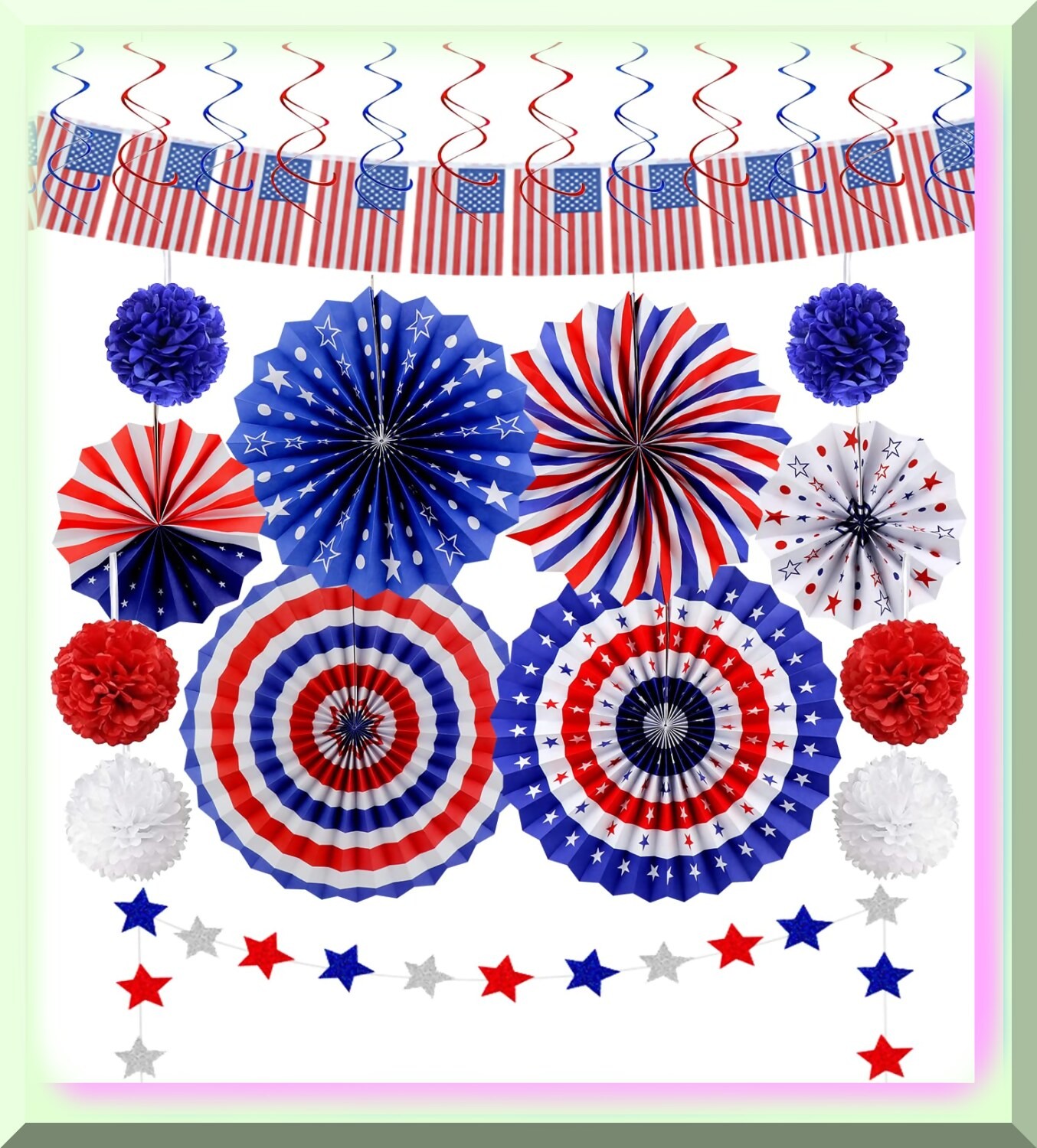 Patriotic Party Decorations Set with Flag Banner and Fans