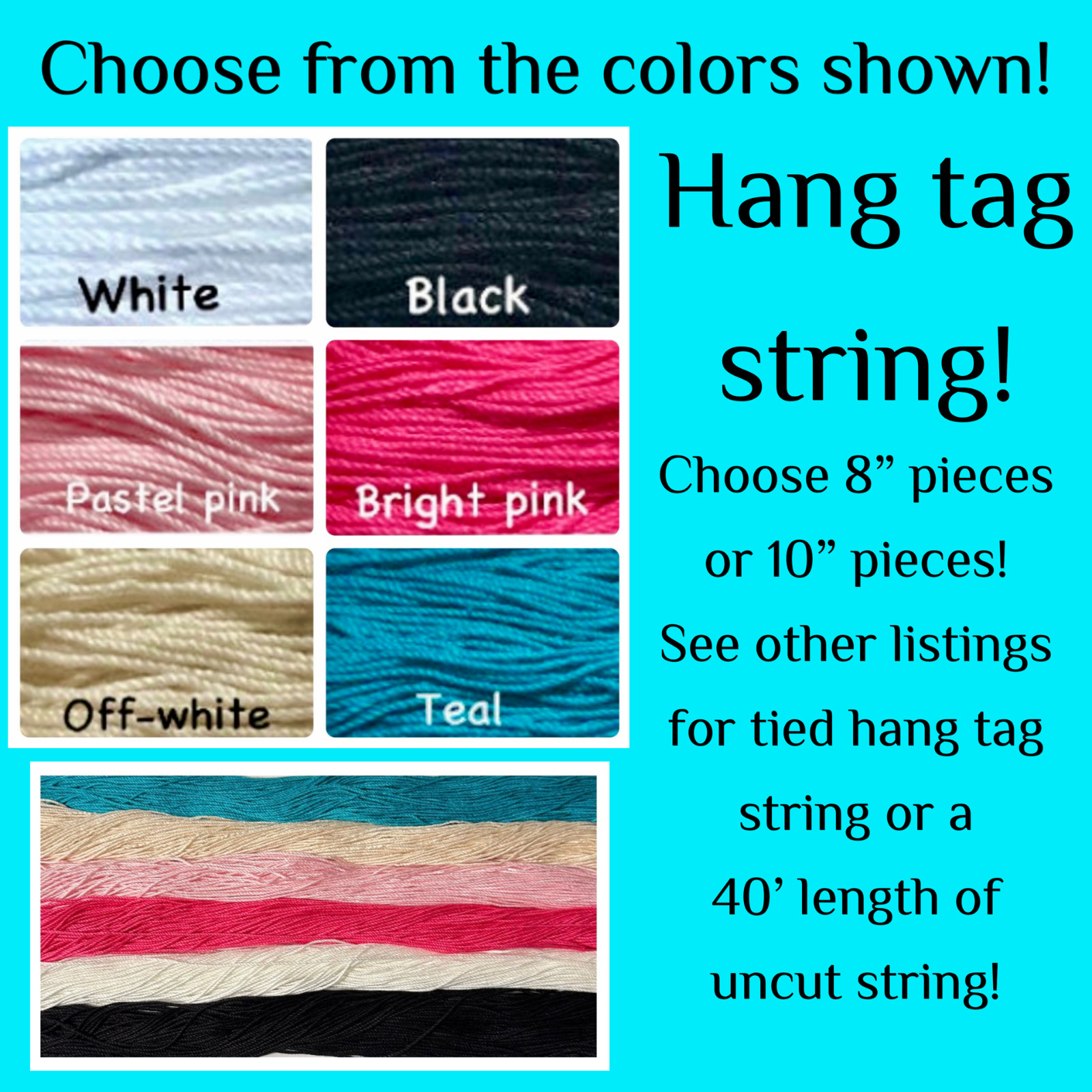 100 pieces 8 inch or 10 inch hang tag string white pink black off white teal