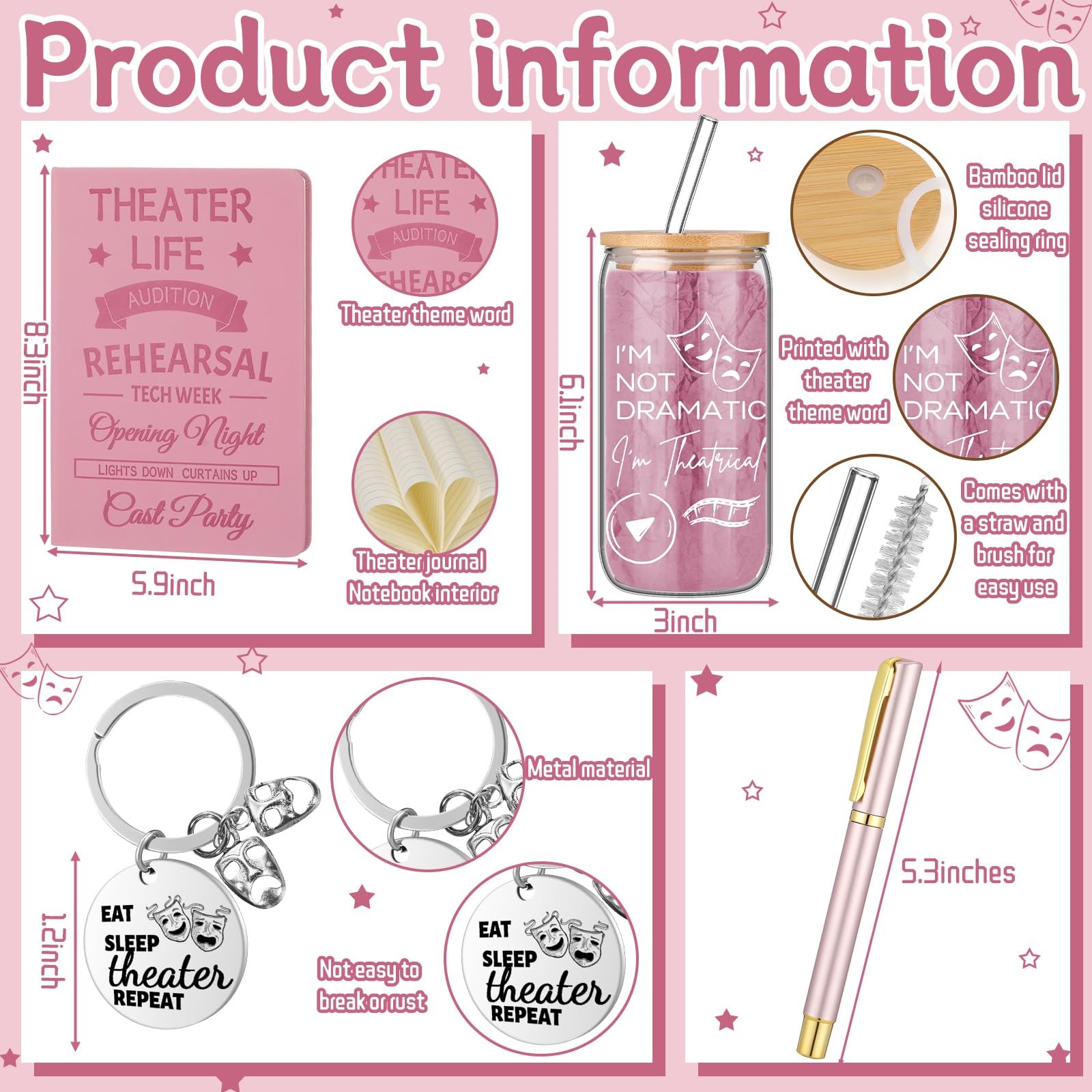 4 Pcs Theatre Gifts for Women Teens Theater Life 16oz Glass Cup Leather Notebook