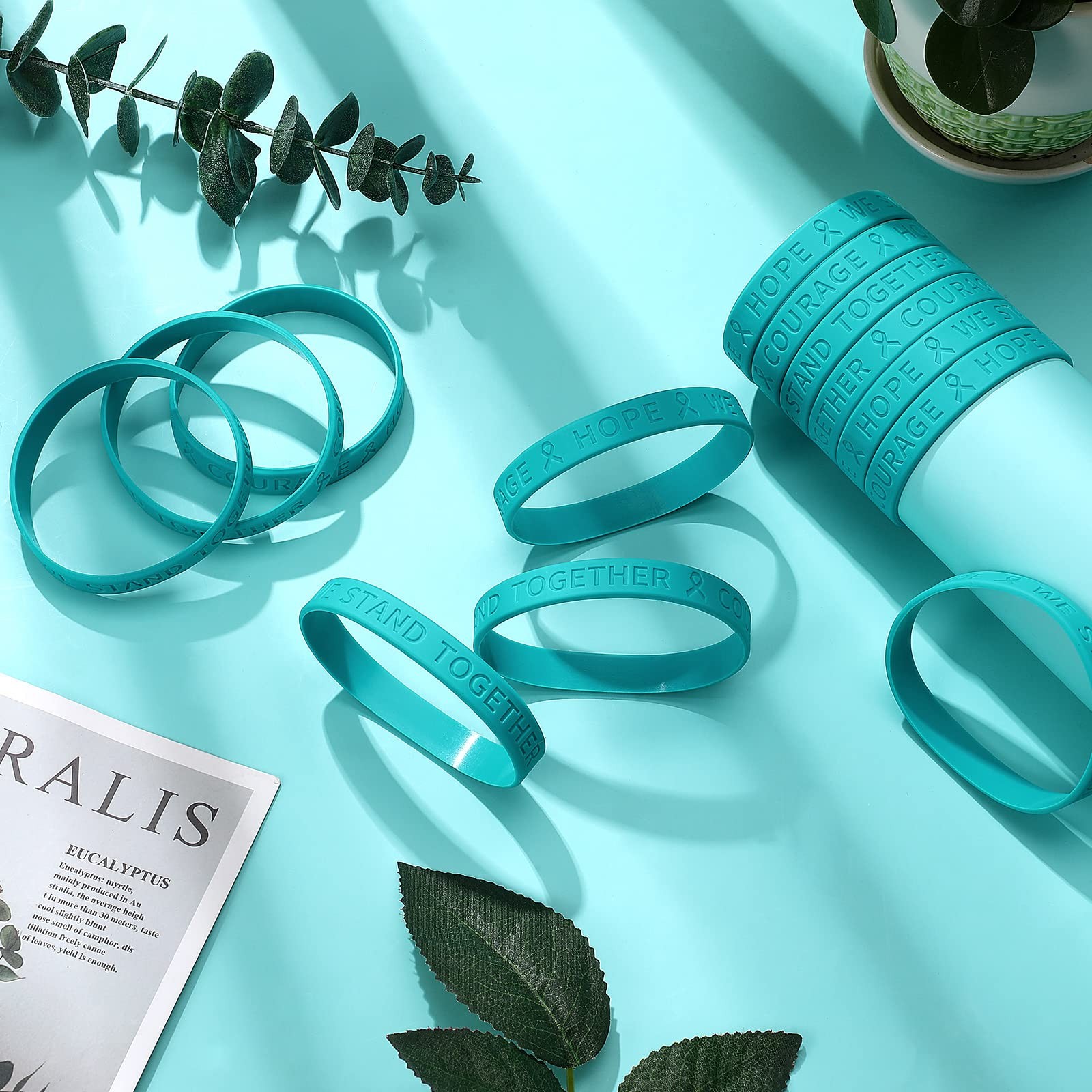 Kigeli 100 Pcs Ovarian Cancer Awareness Teal Ribbon Awareness Silicone Wristb…