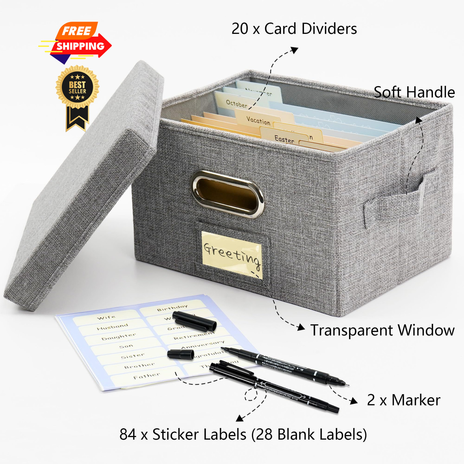 Remowith Greeting Card Organizer and Storage Box with 20 Pcs 1 Pack, Grey
