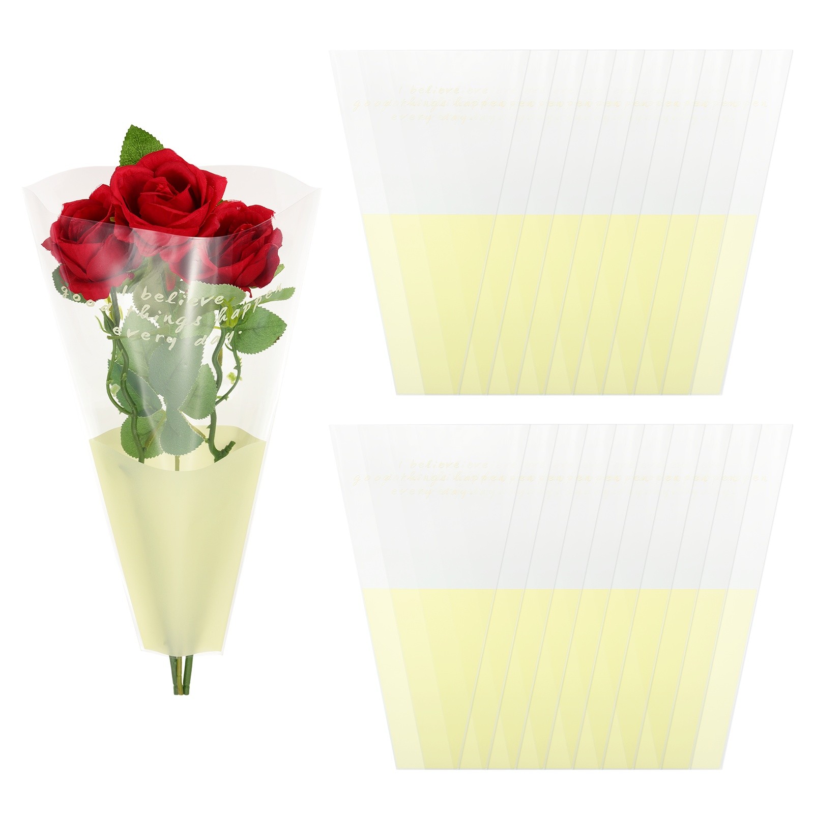 300Pcs Plastic Rose Floral Bouquet Bags 1.3ft Flower Sleeves Bags Cream Yellow