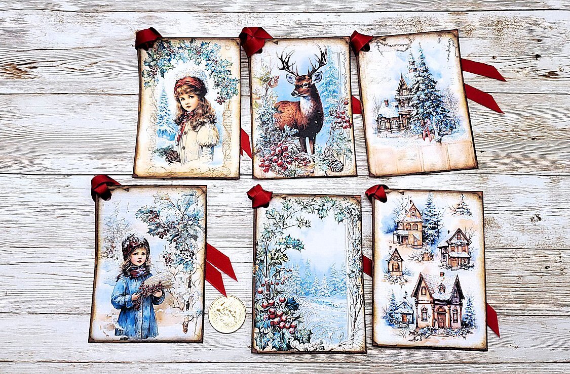 6-Christmas-Watercolor Style-Deer-Glitter-Linen Cardstock-Gift-Hang-Tags