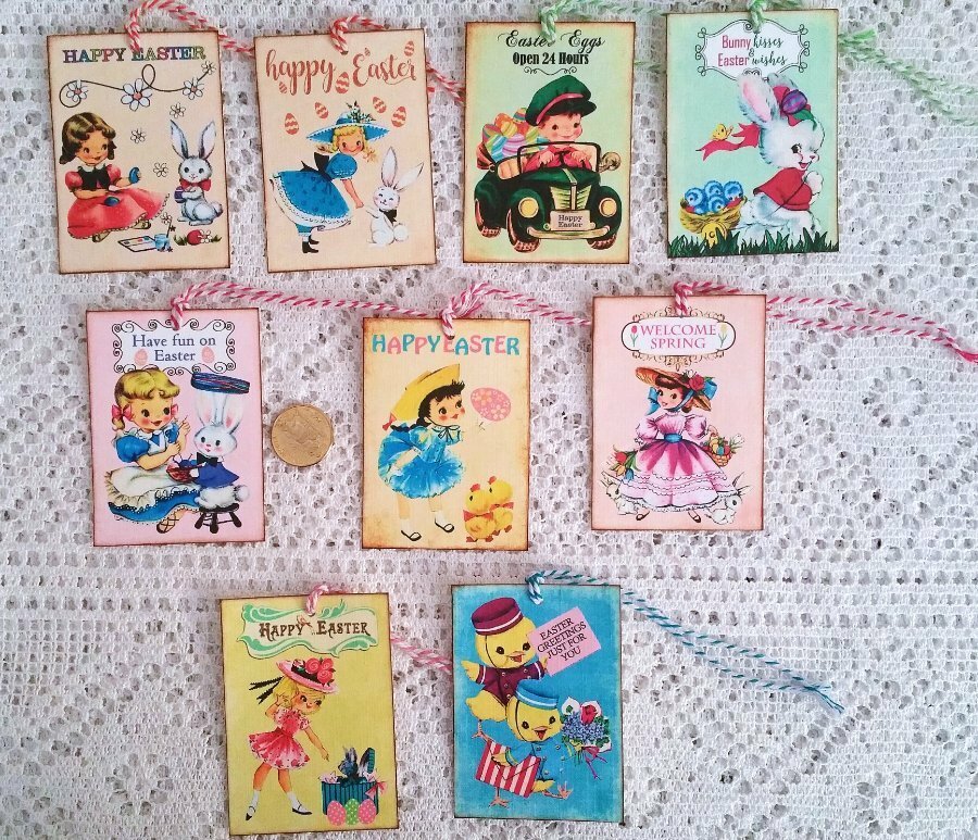 9~Easter~Vintage~Retro~Bunny~Fussy Cut~Linen Cardstock~Gift~Hang~Tags~Ornies