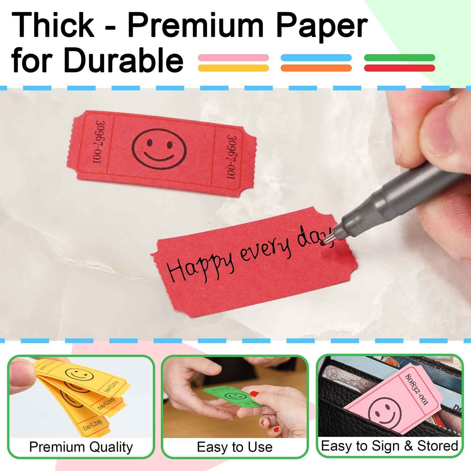 3000 Raffle Ticket Rolls, 6 Assorted Colors, 1×2 Inch Smile Ticket for Events…