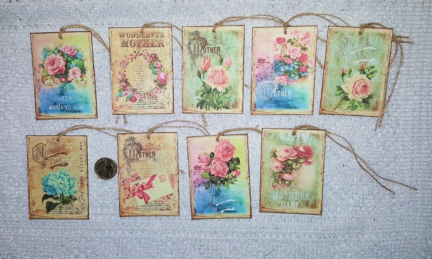 9~Mother’s Day~Vintage~Primitive~Fussy Cut~Linen Cardstock~Gift~Hang~Tags