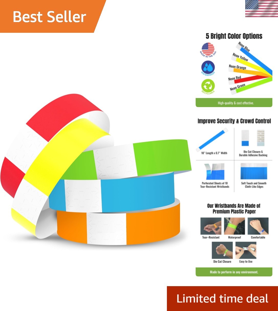 500 5 Color Variety Pack Paper Plastic Wristbands for Events – Water-Proof T…