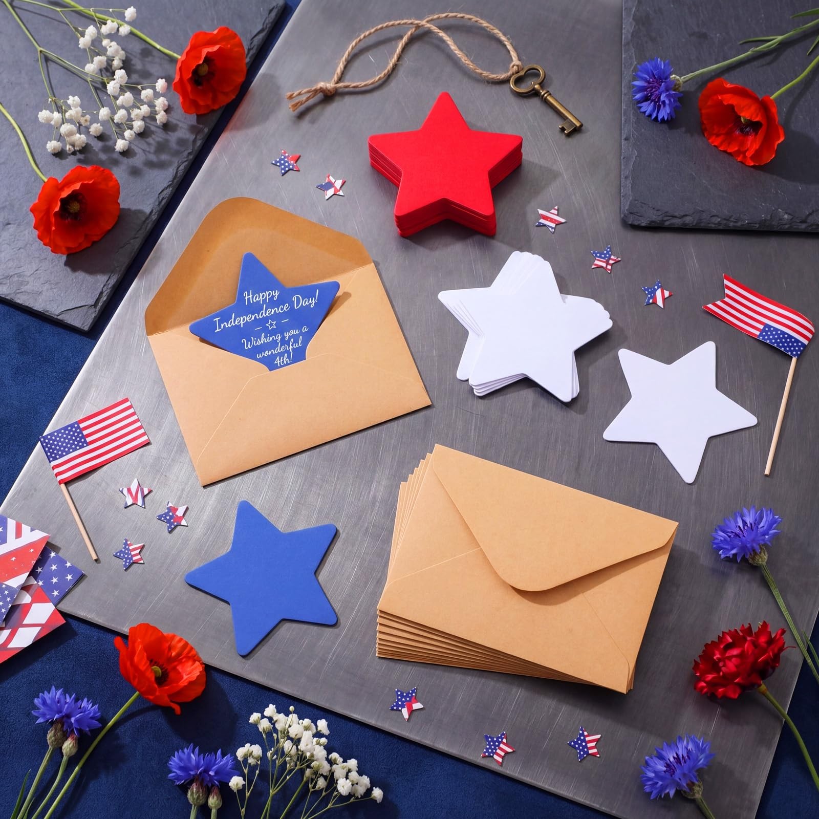 100 Sets 4th of July Star Cards Bulk with Mini Kraft Envelopes, Patriotic Star S