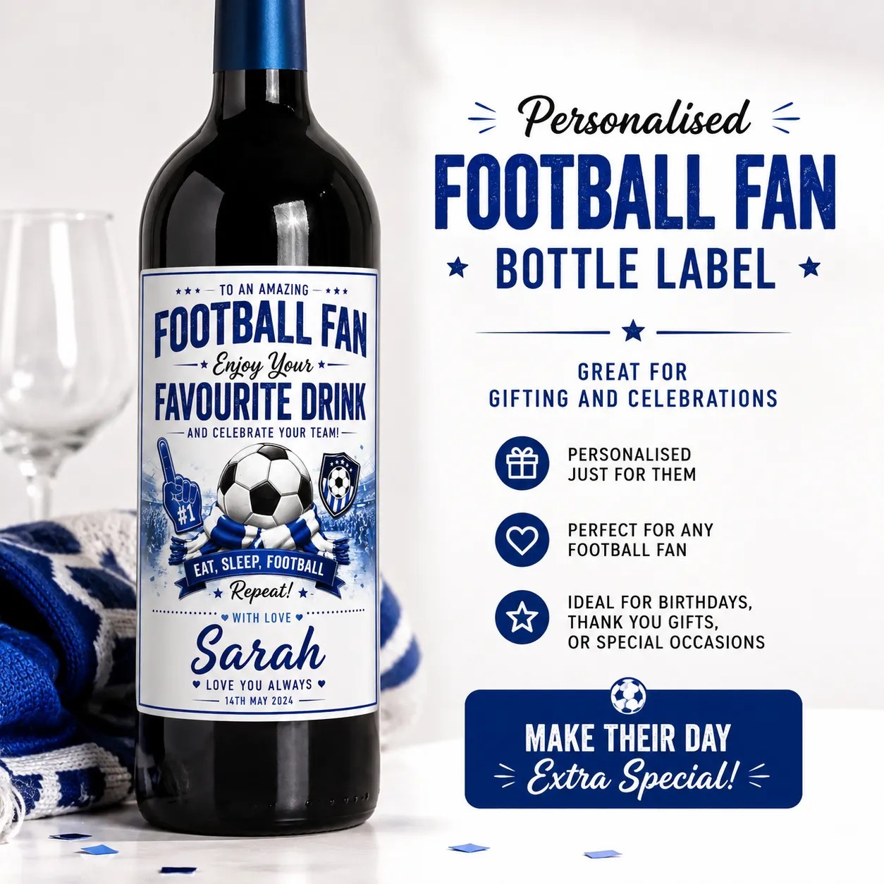 Personalised Football Fan Bottle Label Sticker Custom Wine Gift