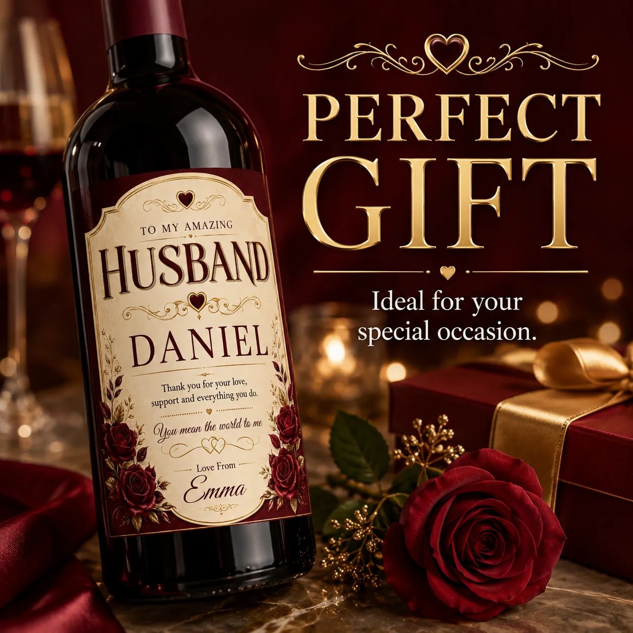 Personalised Husband Gift Bottle Label Sticker Custom Wine Romantic Present