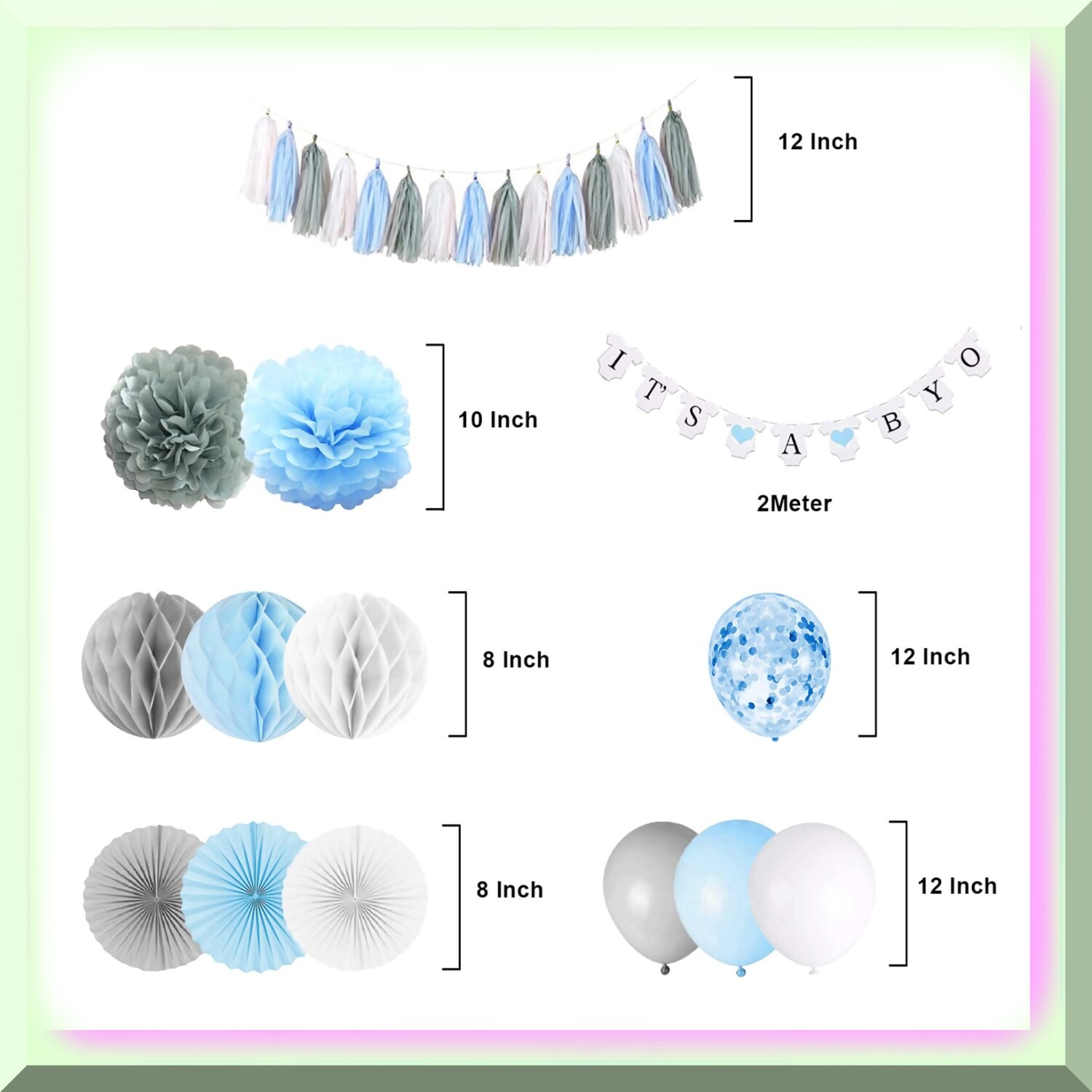 Baby Shower Decor Kit Blue Grey with Banner Fans and Balloons