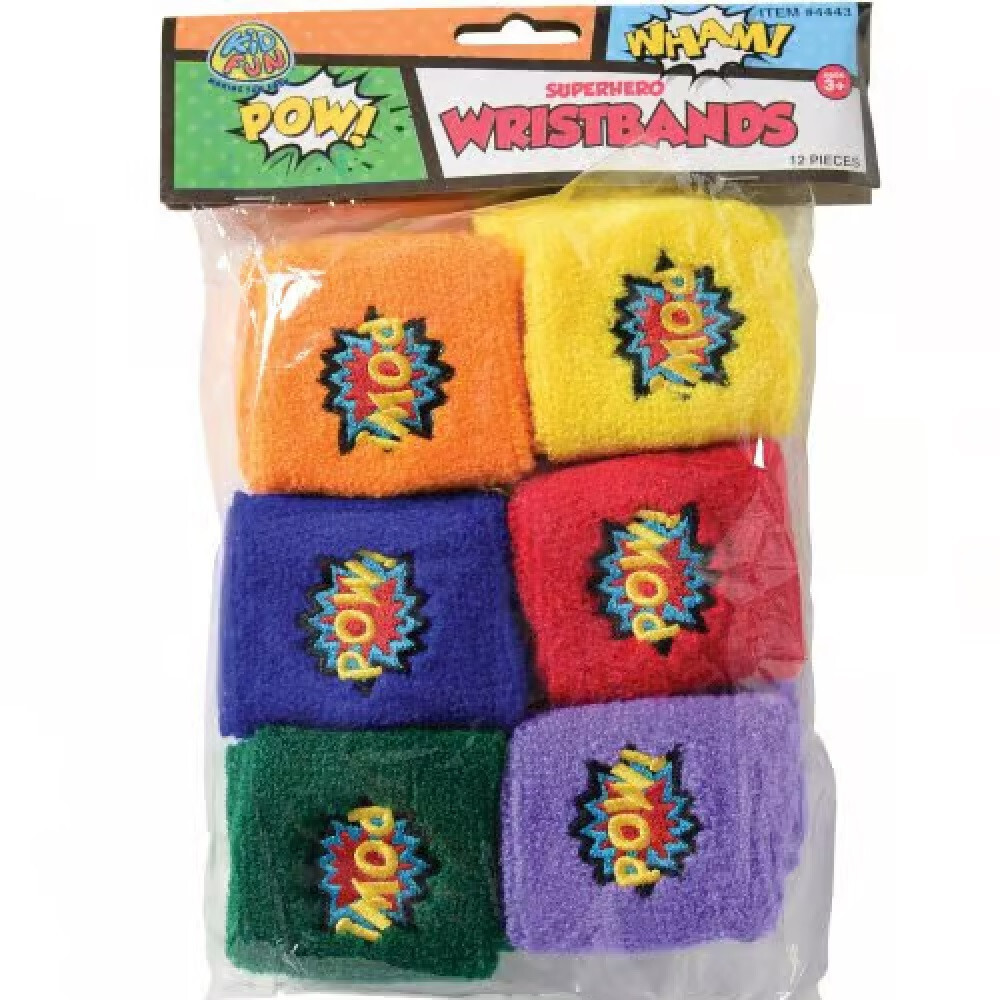 Superhero Pow! Wristbands (12 Pack) Fabric in assorted Colors.