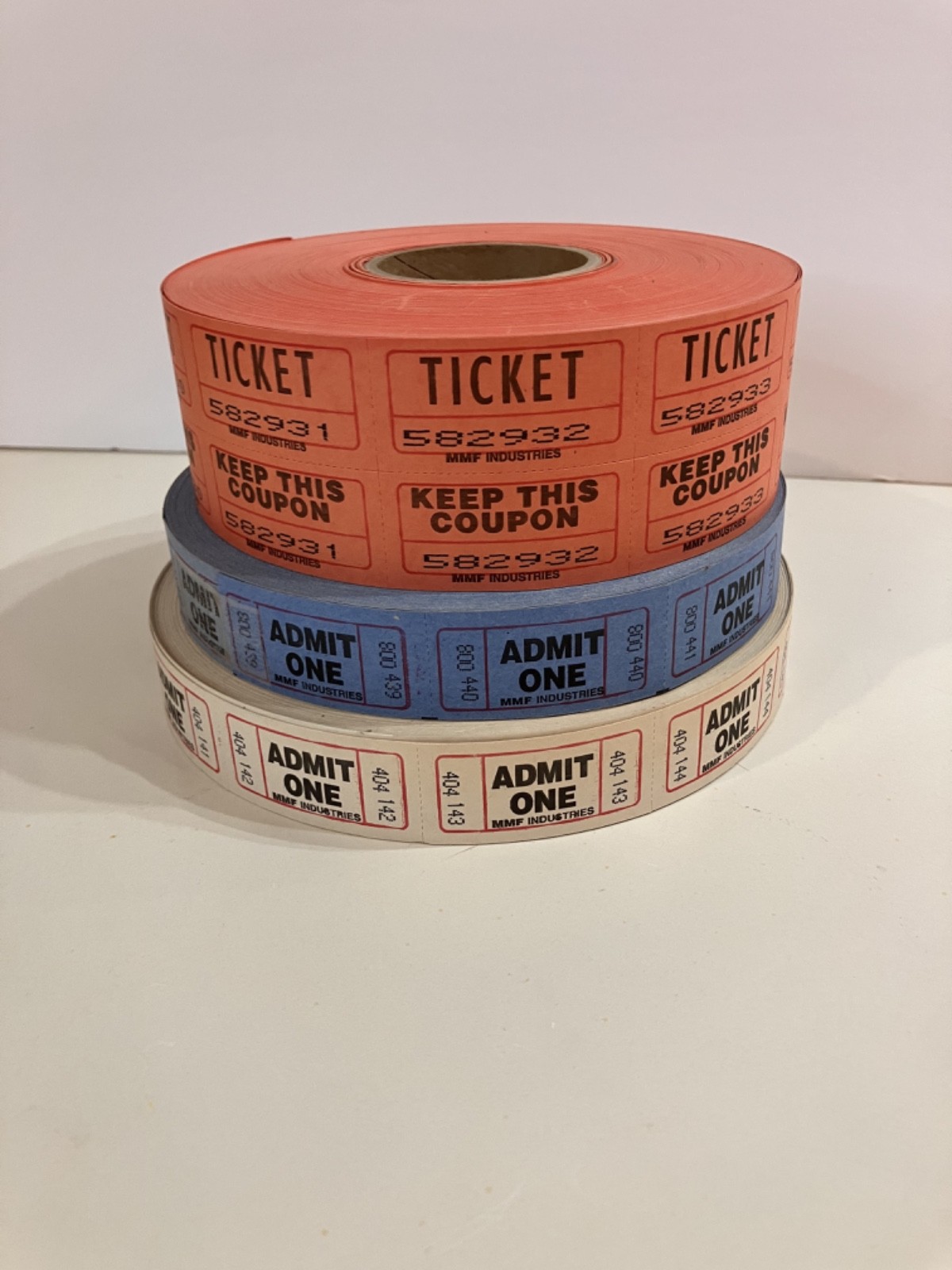 MMF Industries Ticket Roll Lot- Double Stub Raffle & Admit One – Red Blue White