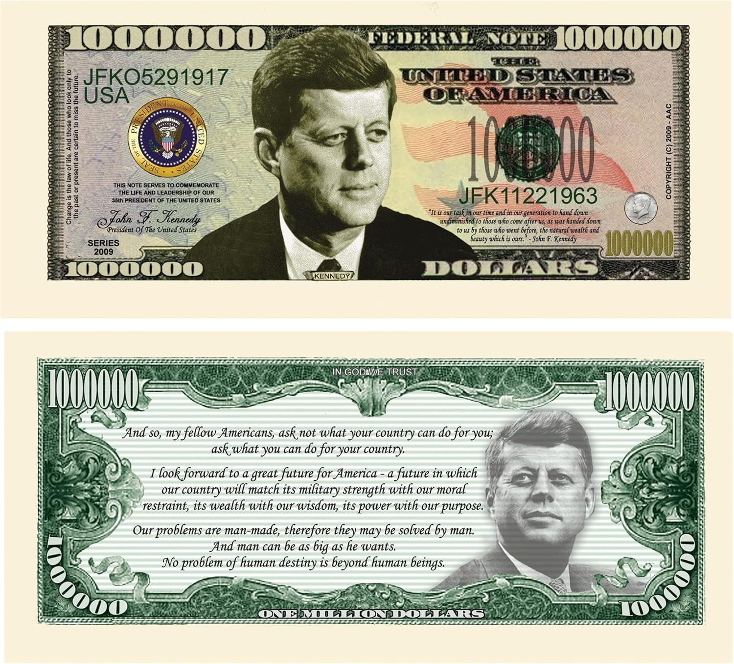 10 TOTAL – JFK John F. Kennedy Commemorative Million Dollar Money Novelty Bills
