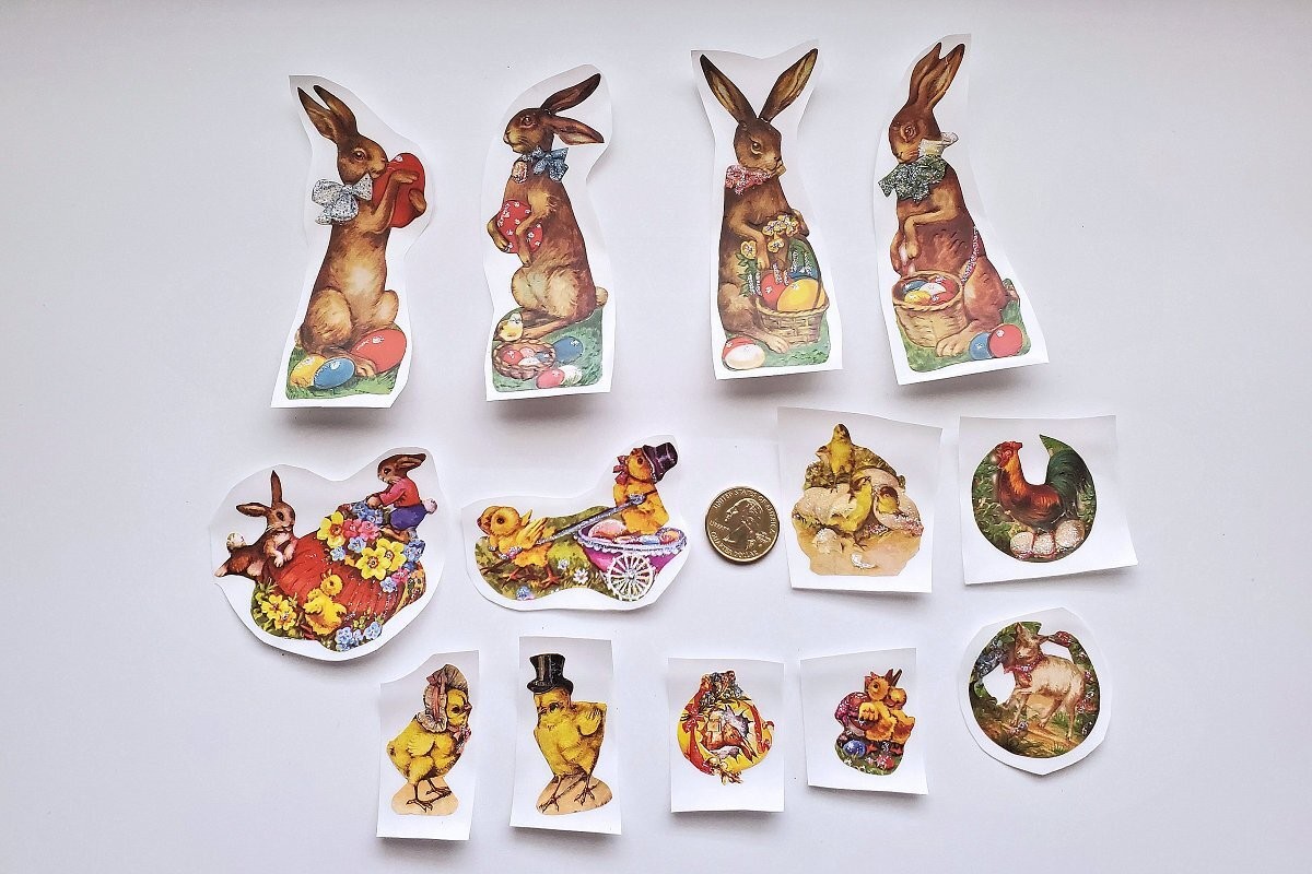 13-Easter-Victorian-Fussy Cut-Embossed-Scrap Reliefs-Bunnies-Glittered-Stickers