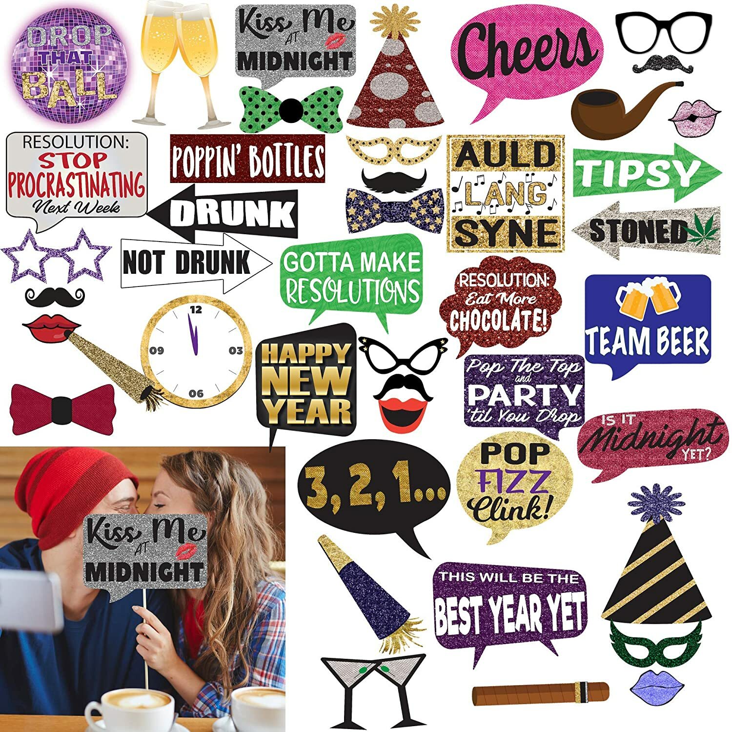 Deluxe New Year’s Eve Photo Party Props, Photo Booth Props for New Year Party