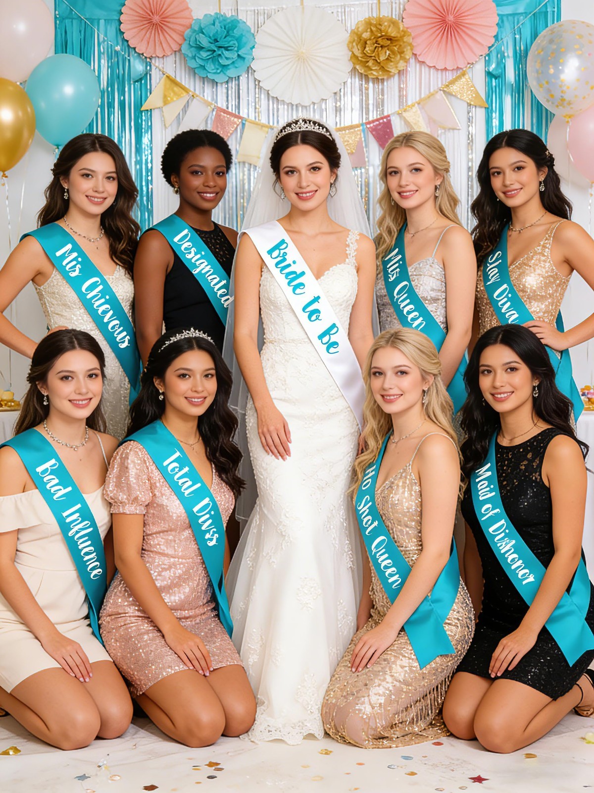 12 PCS Bachelorette Party Sashes Set – Bride & Bridesmaid Teal Blue Sashes, Gift