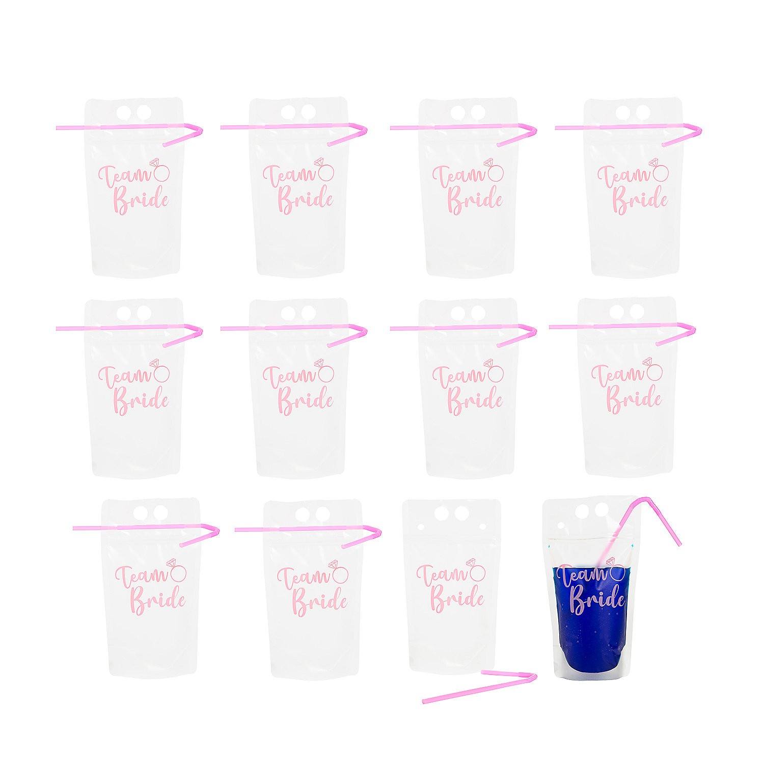 Bulk 100 Pc. Bachelorette Party Collapsible Plastic Drink Pouches with Straws