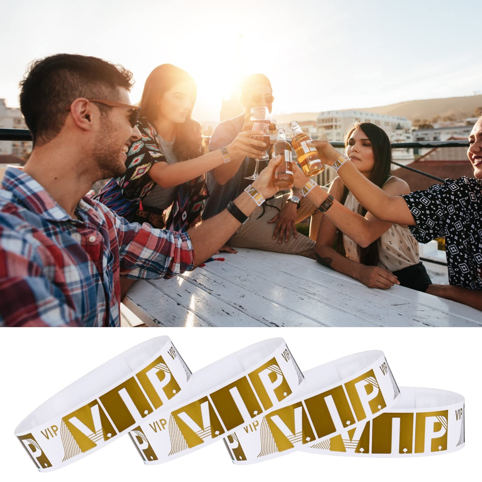 100 Pcs VIP Wristbands for Events Waterproof Paper 9.84 x 0.75 inch, Gold
