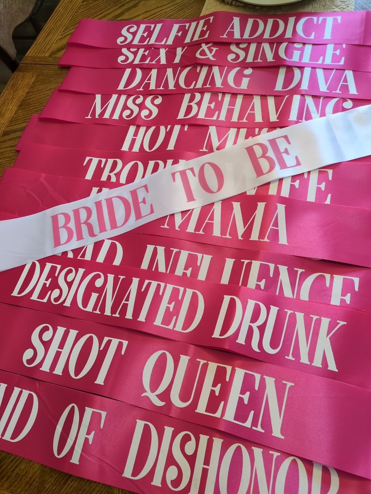 Bachelorette Party Sash Set (12 pcs) – Pink w/ White Bride to Be Sash – Bridal
