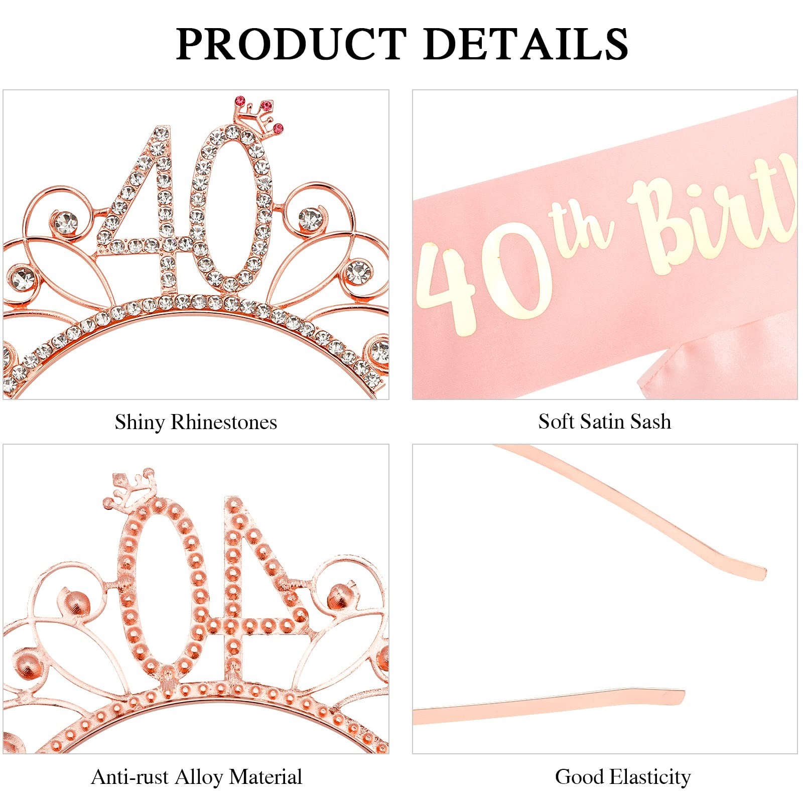 Casoty Rose Gold 40th Birthday Sash and Tiara for Medium, Gold-40th