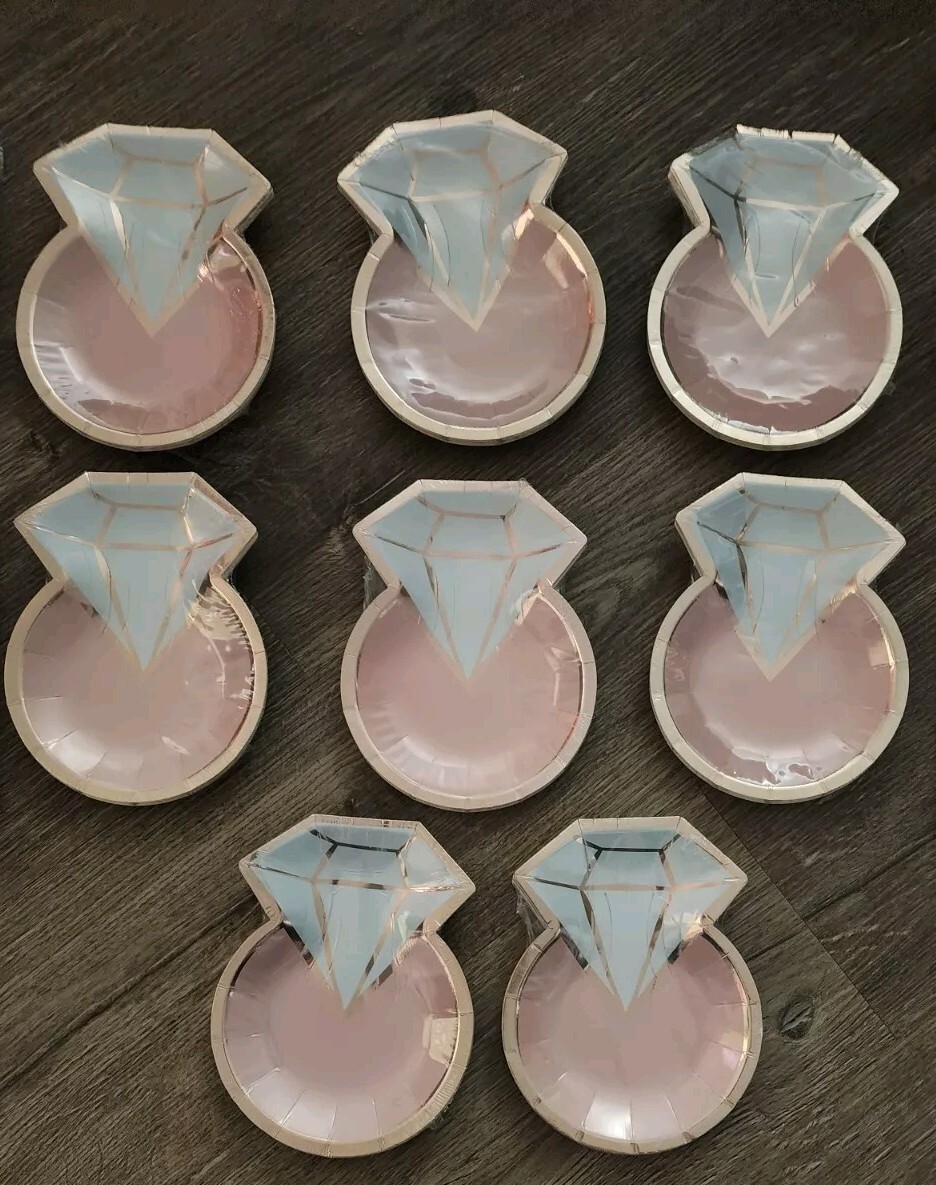 New Bling Engagement Ring Shaped Pink & Gold Plates with Corrdinating Napkins