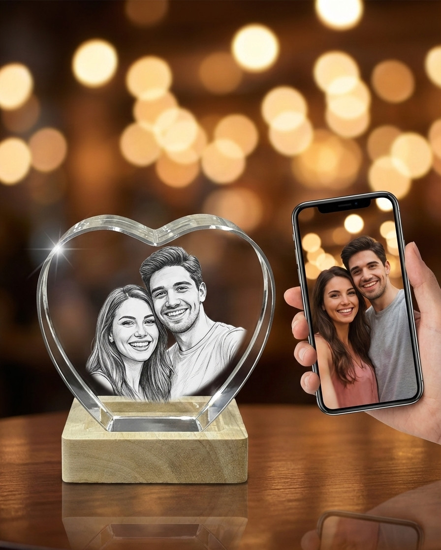 Personalised 3D Crystal Photo Laser Engrave etched picture Love Heart shape