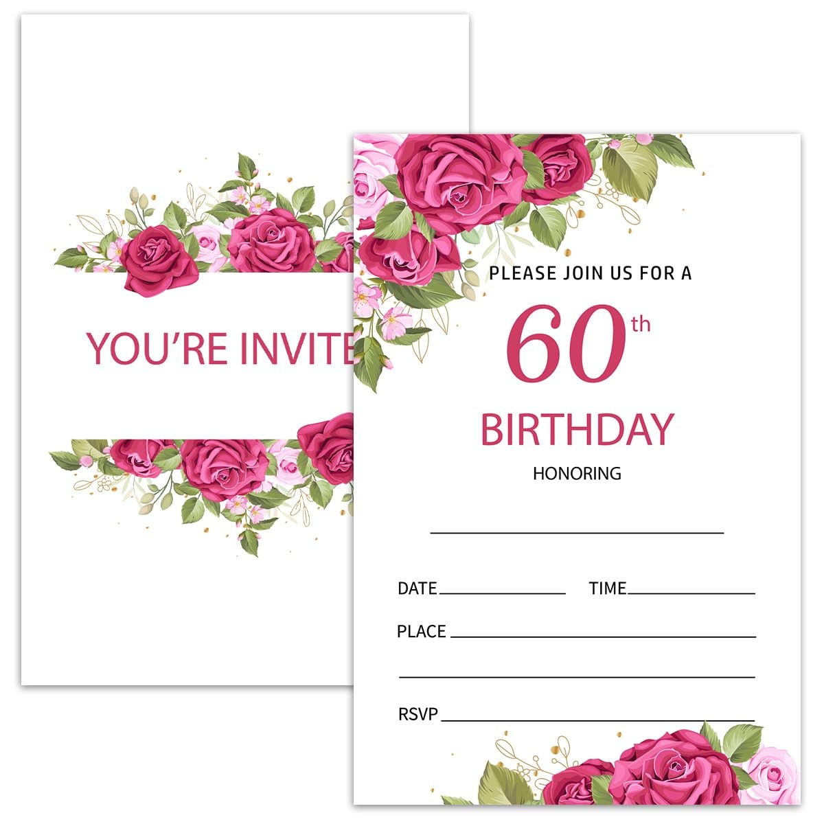 Nopoben 60th Rose Floral Birthday Invitation 4″W x 6″L, Floral-60th