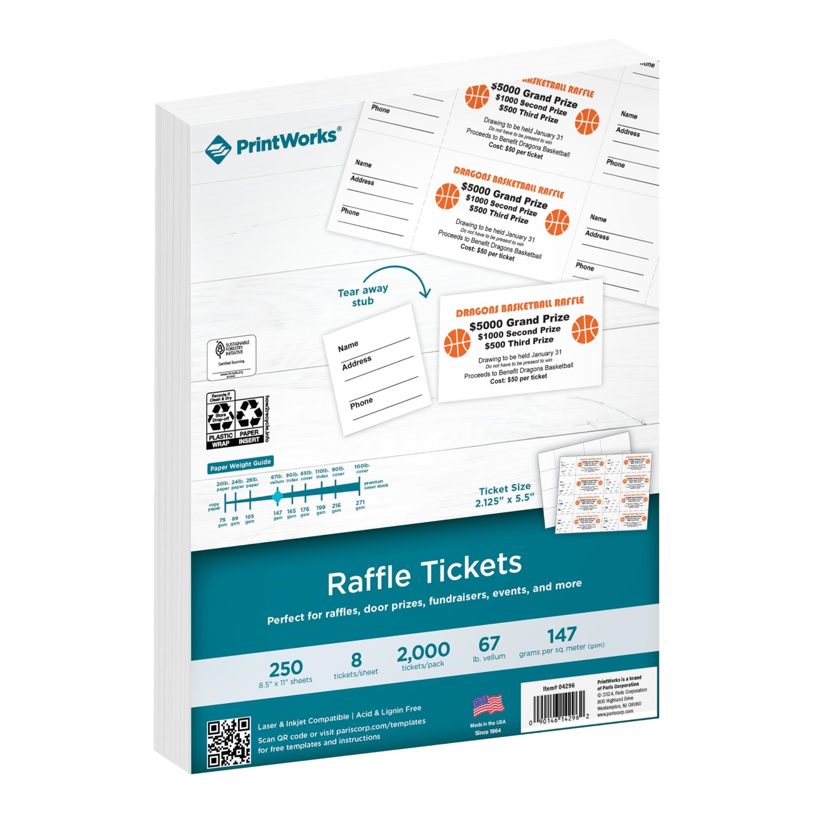 Custom Printable Raffle Tickets with Tear-Away Stubs – 2000 Event Fundraiser Tic