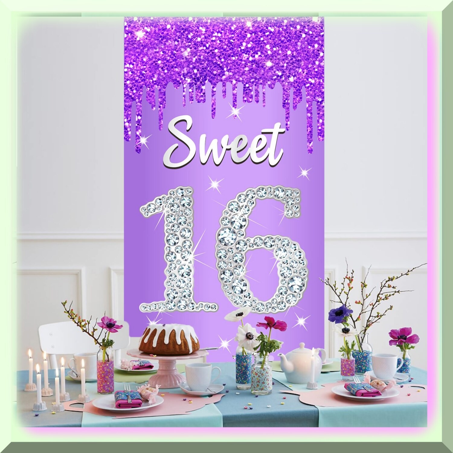 Sweet Sixteen Purple Silver Door Banner Polyester Indoor Outdoor