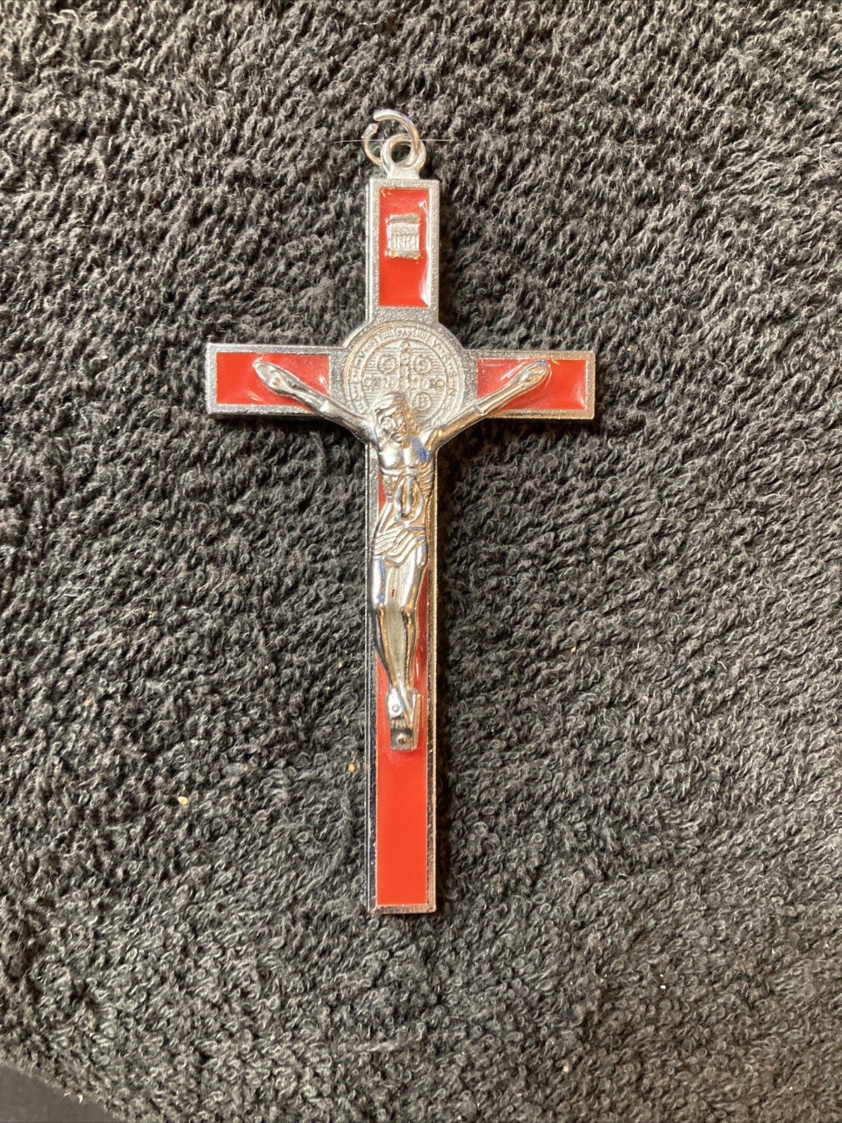 Vintage 4” Red Enamel St. Benedict Crucifix Pendant