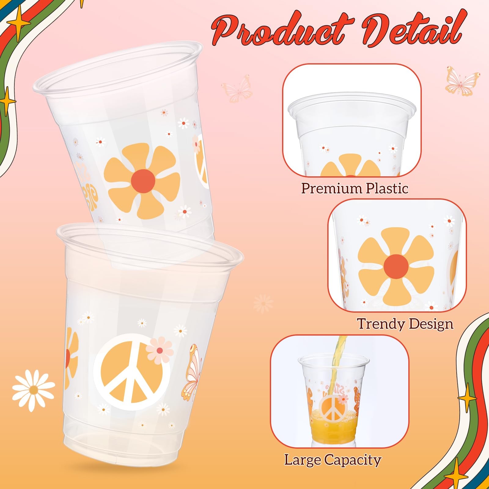 Sliner 50 Pcs Groovy Party Plastic Cups with Straws 3.7 x 4.3 inches, Clear