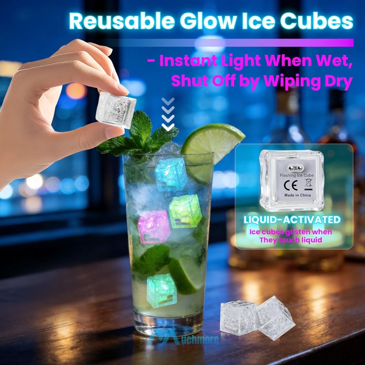 12~120pc Multi Color Flashing LED Light Up Ice Cubes Waterproof Liquid Activated