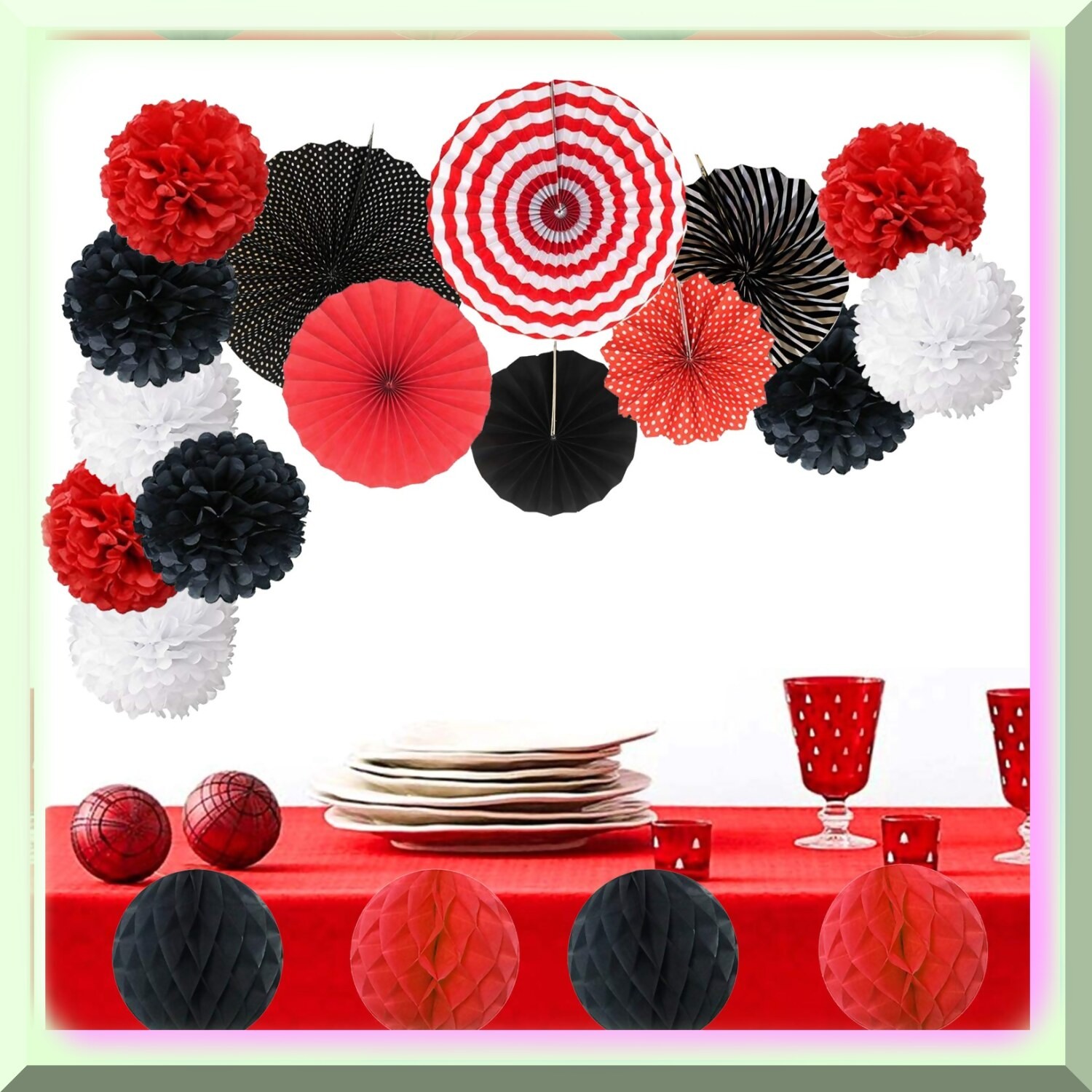 Party Decor Set with Tissue Pom Poms Fans and Honeycomb Balls