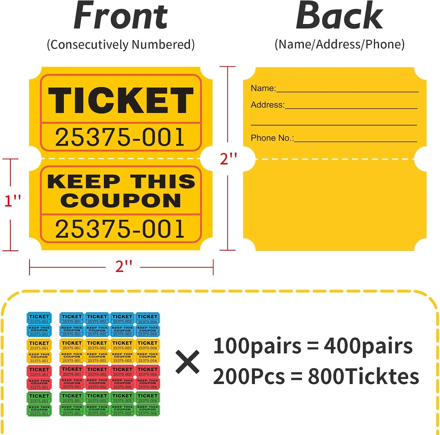 800 Pcs 400 Pairs Raffle Tickets,50/50 Double Ticket,100 Double Tickets Per S…