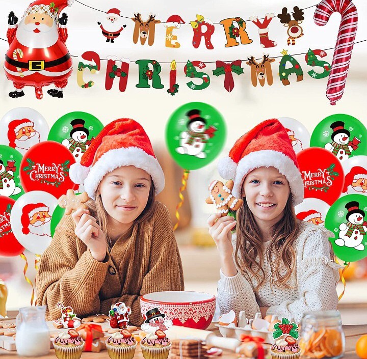 Holiday Decoration Set Merry Christmas Banner Santa Decor Balloons
