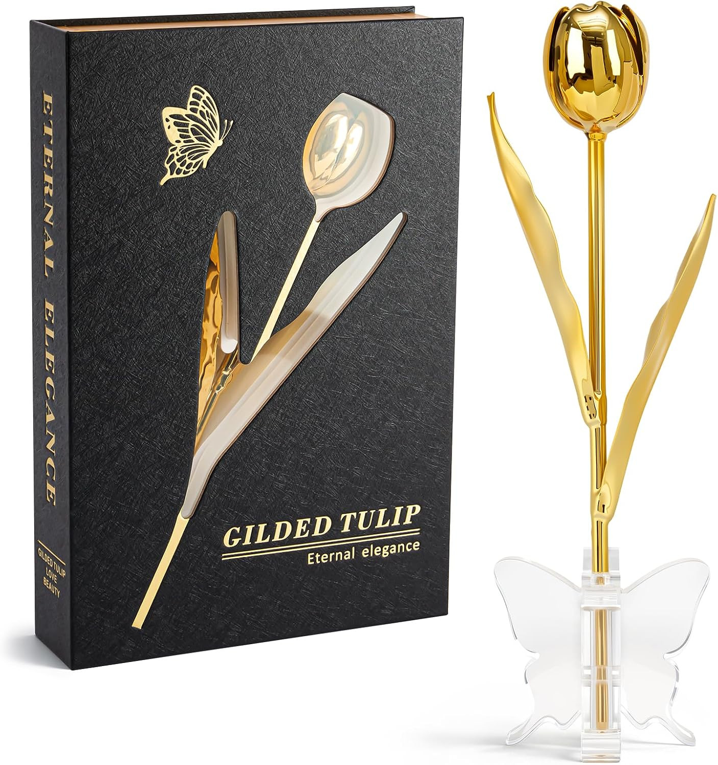 24K Gold Dipped Tulip – Royal Pure Gold, Luxury Book-Style Gift Box & Butterfly