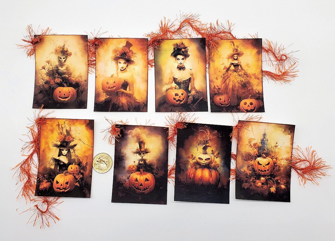 8-Halloween-Ladies-Pumpkins-Handmade-Junk Journal-Linen Cardstock-Hang-Tags