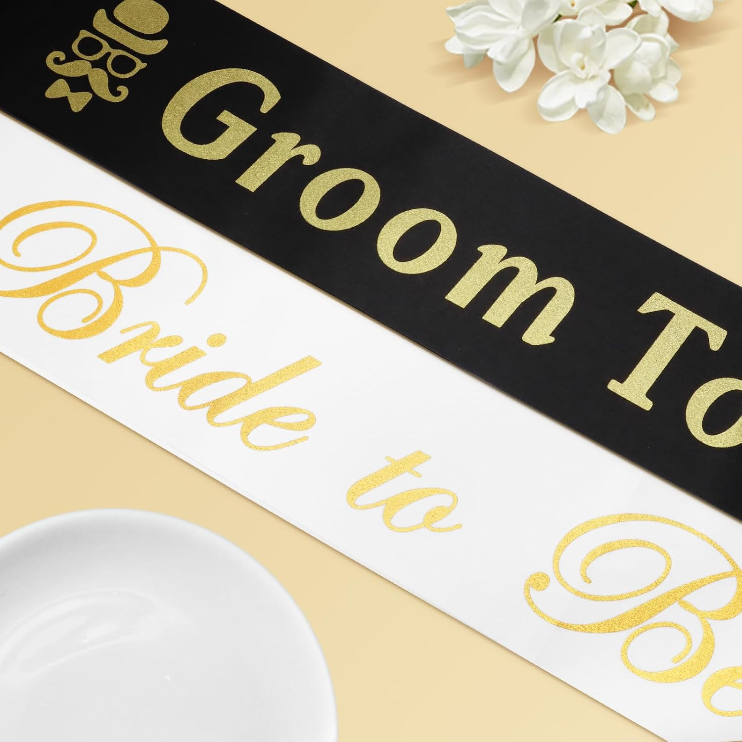 2 Pack Bride to Be and Groom to Be Sash with Gold Foil Lettering, Satin