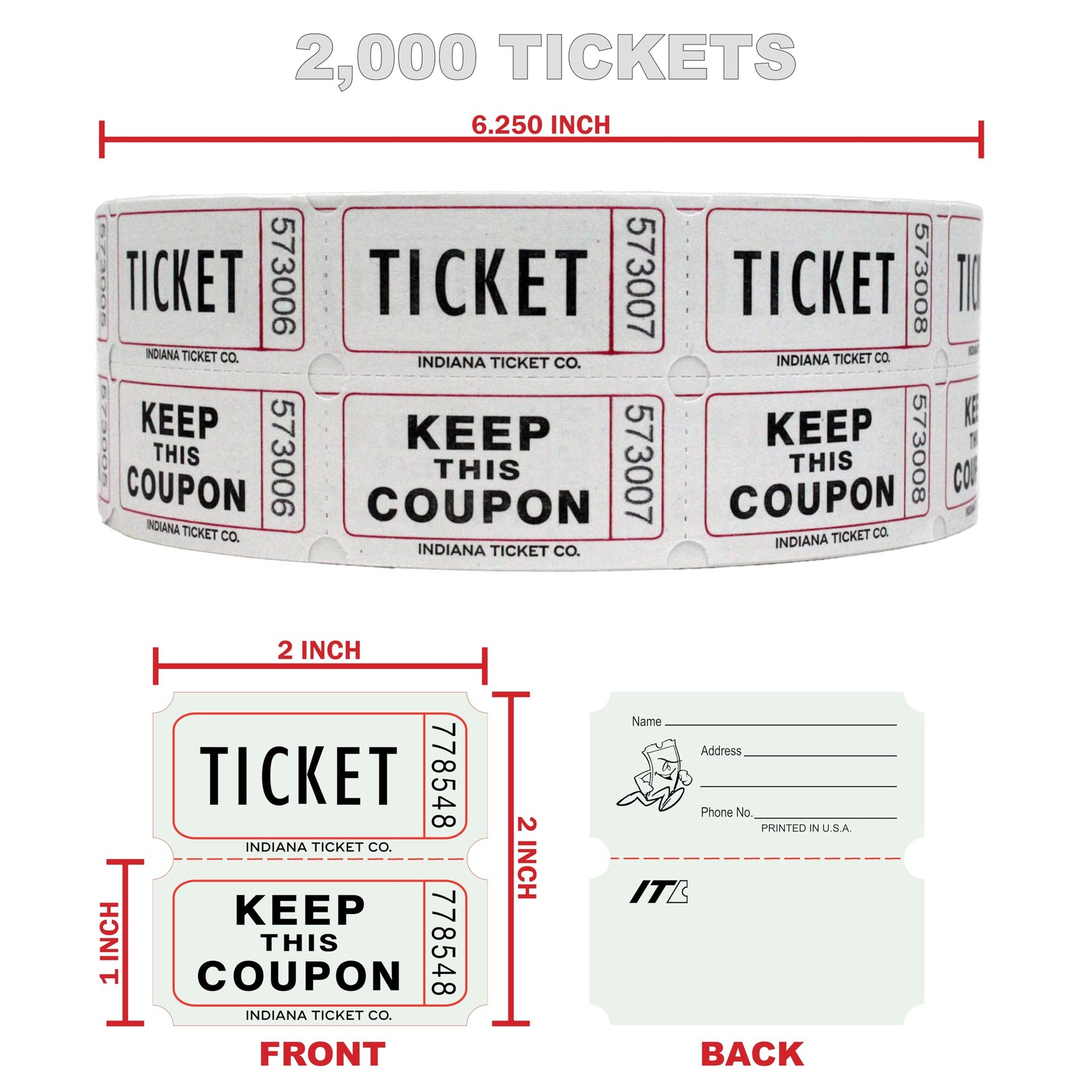 INDIANA TICKET CO. 2,000 White Raffle Tickets Double Roll, Premium Quality 50…