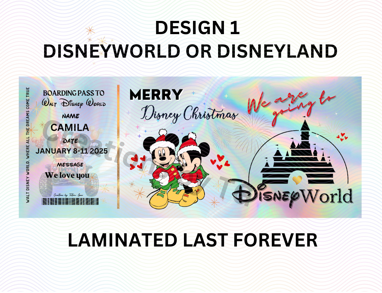 Physical Holographic Unique Personalized Surprise Reveal Ticket Disney Style