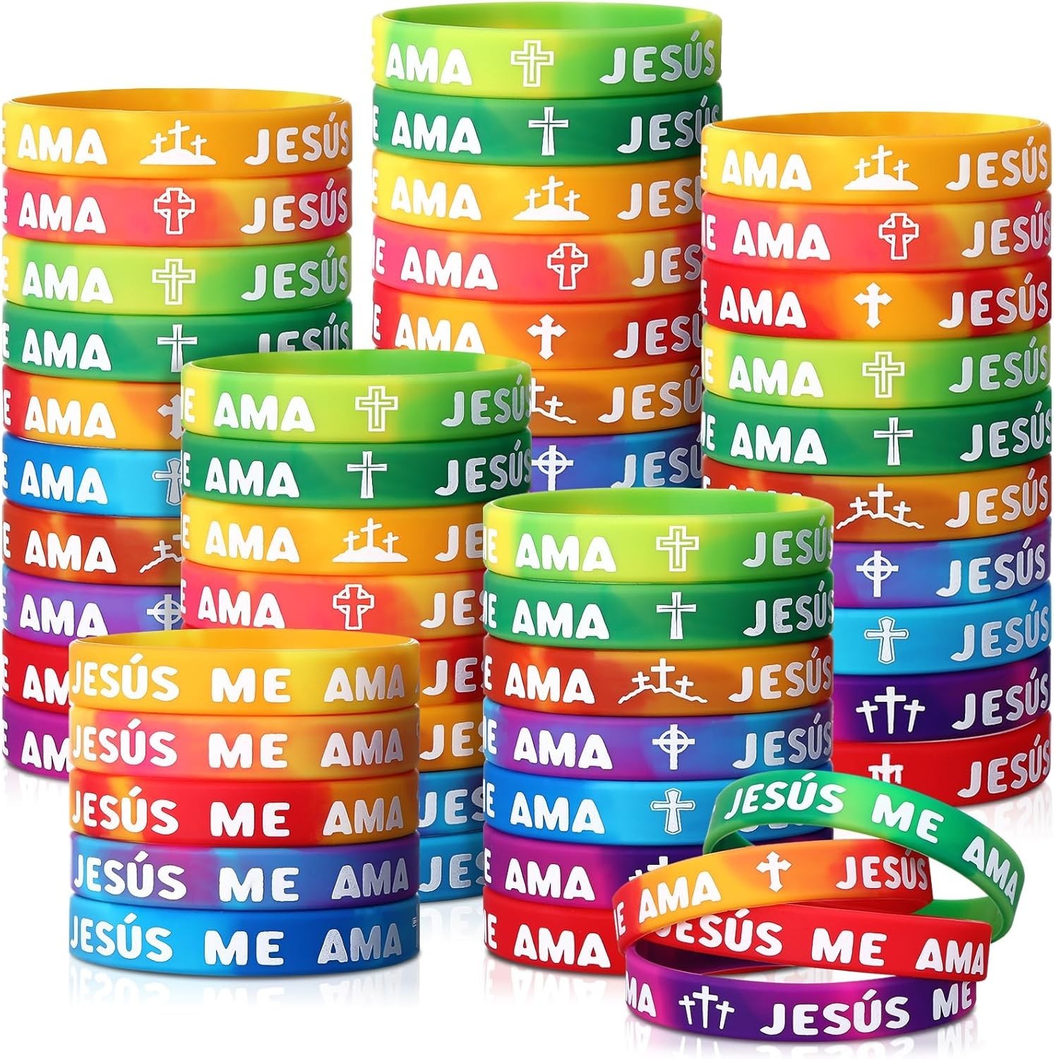 150 Pcs Spanish Jesus Loves Me Wristbands Bulk 10 Styles Rainbow Jesus Me Ama…