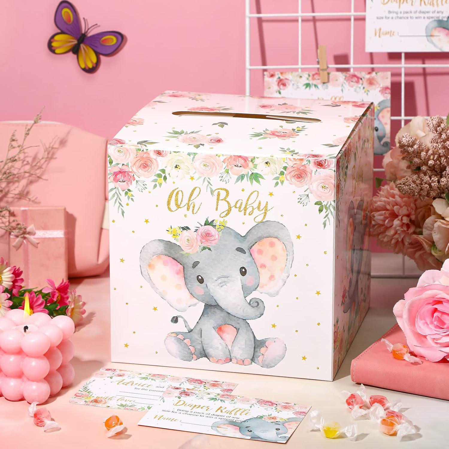 51 Pcs Elephant Diaper Raffle Card Box with Diaper Raffle Tickets Insert Card fo