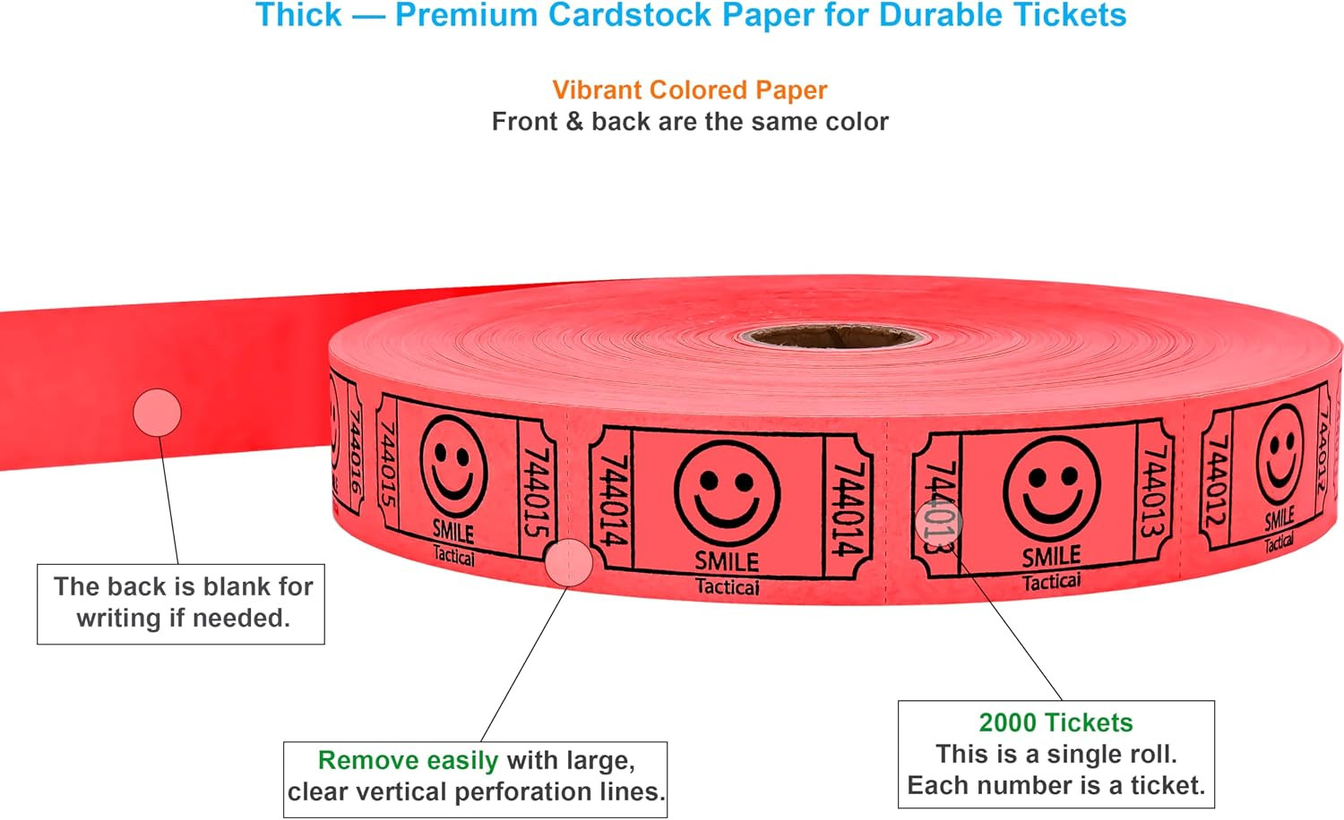 2000 Smile Raffle Tickets, Single Roll, Red | 8 Color Options, Premium Cardstock