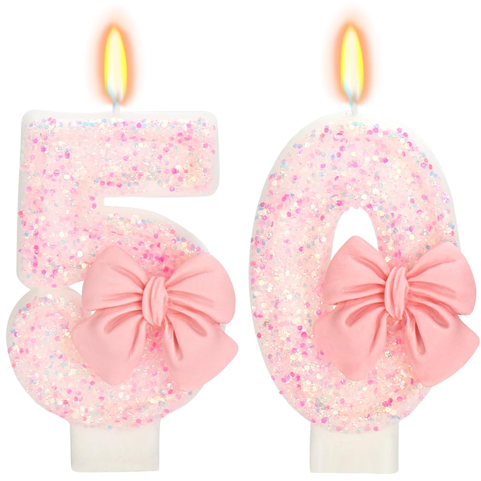 50th Birthday Candles for Cake, Pink Bow Number Cake Candles, 2.76 inch Numbe…