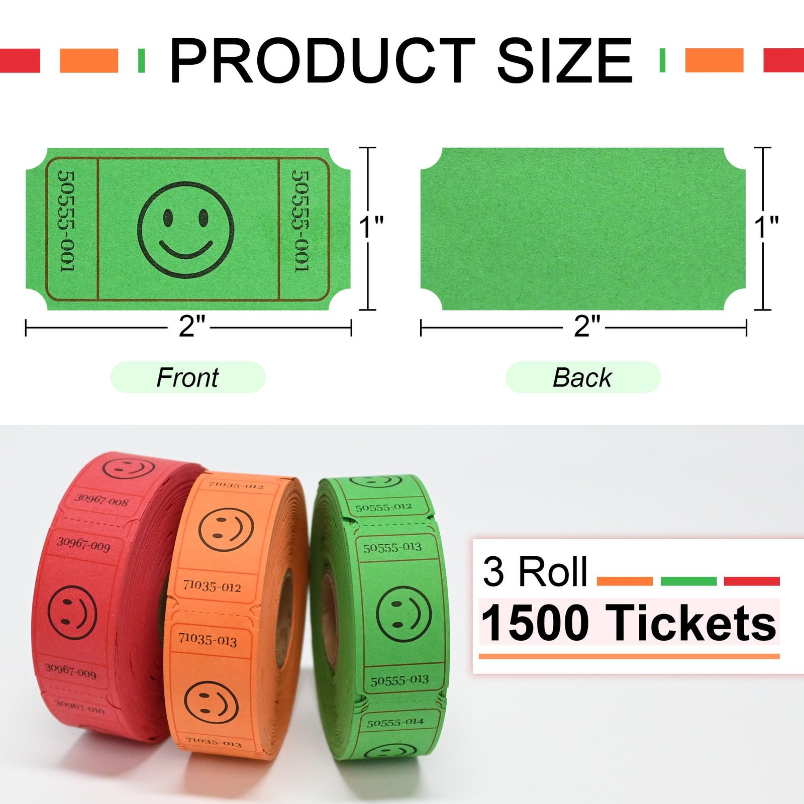 Red, Orange & Green 1500 Smile Raffle Ticket Rolls 1×2 Inch