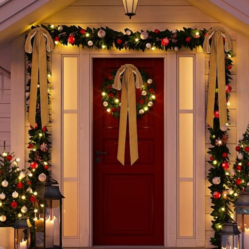 Pcs Velvet Christmas Bows, 23.5 x 8.7 Inches, Rustic Classic Style 4 Khaki