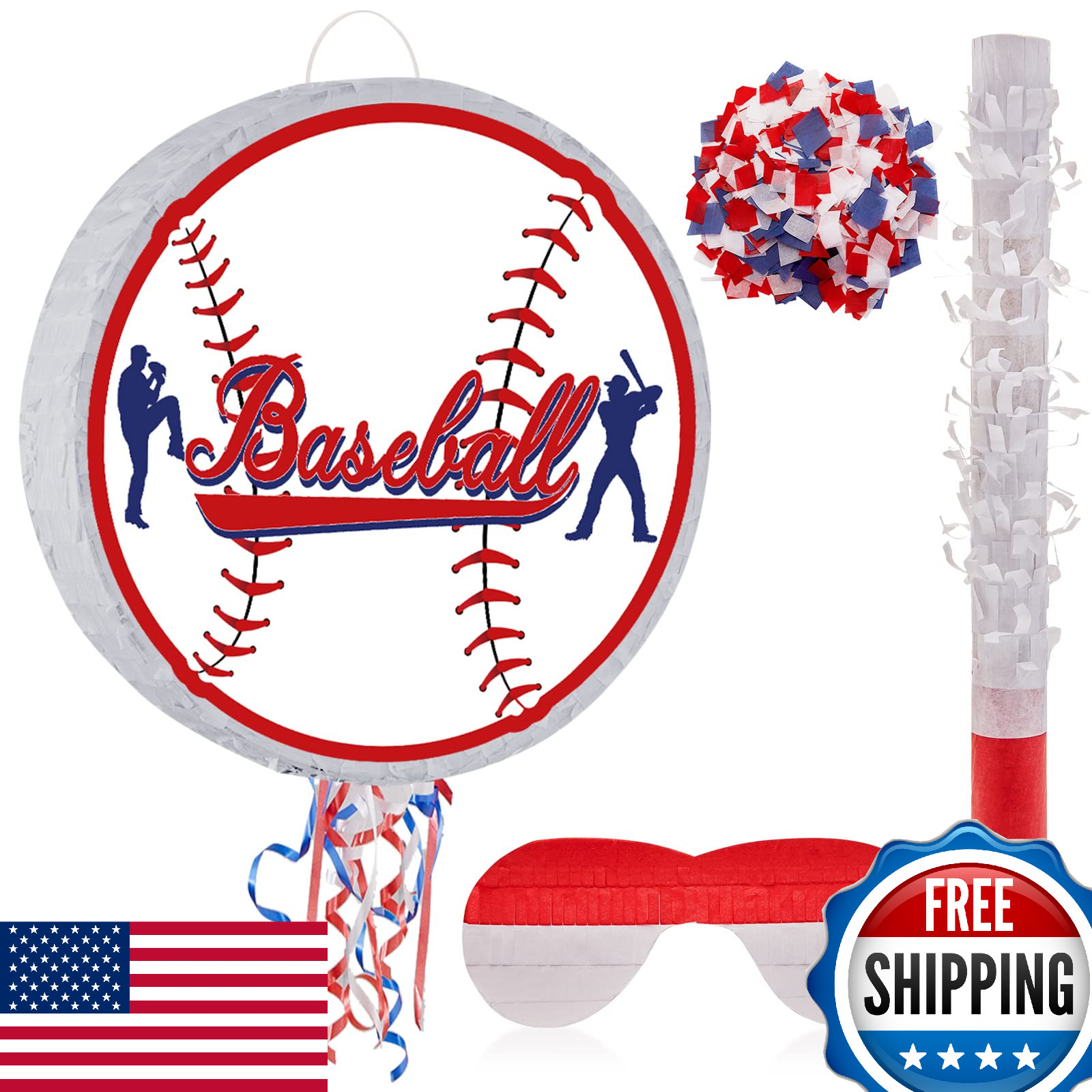 Baseball Piñata Set w/ Stick, Blindfold, Confetti – Birthday Party Game