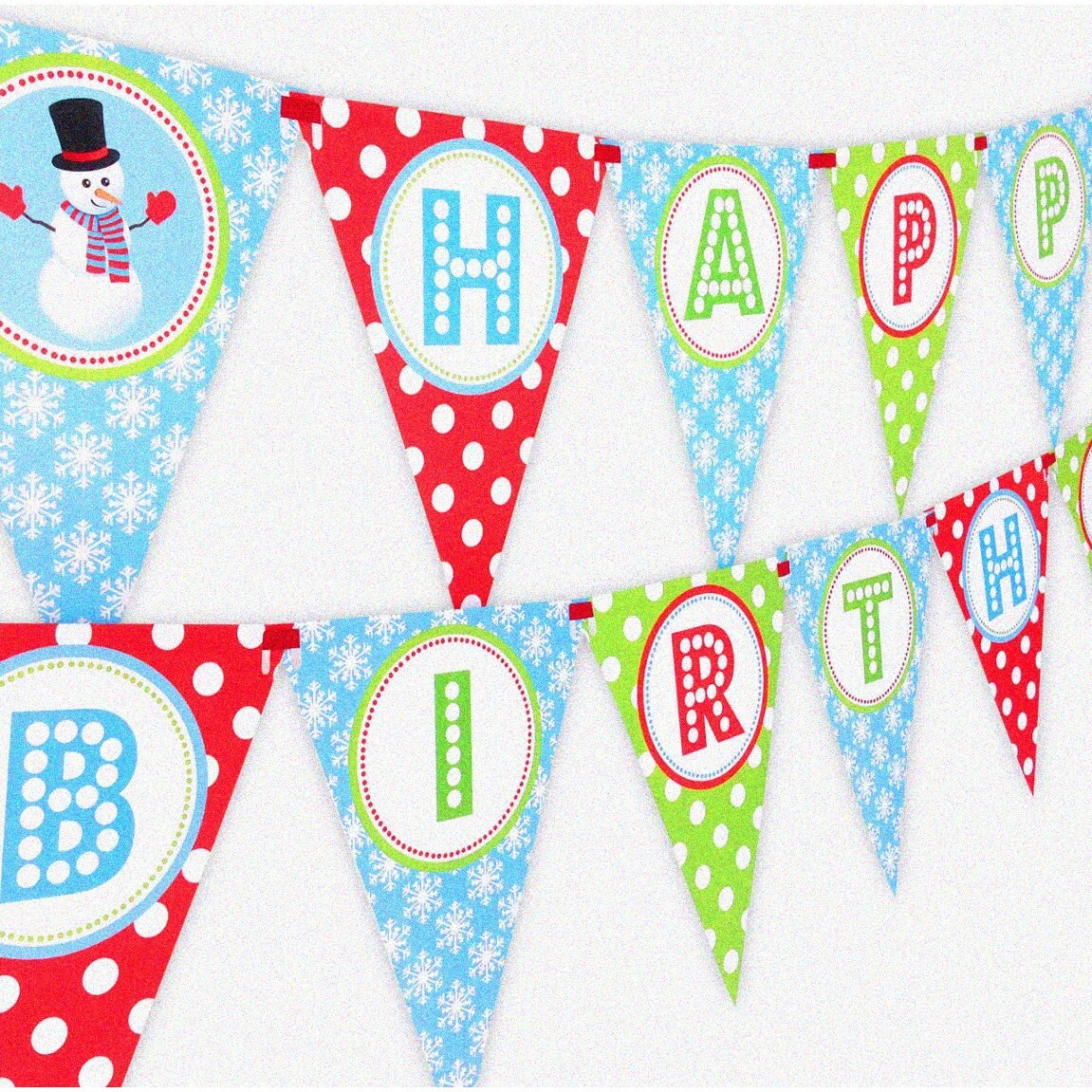 Snowman Birthday Celebration Banner with Flags and Ribbon